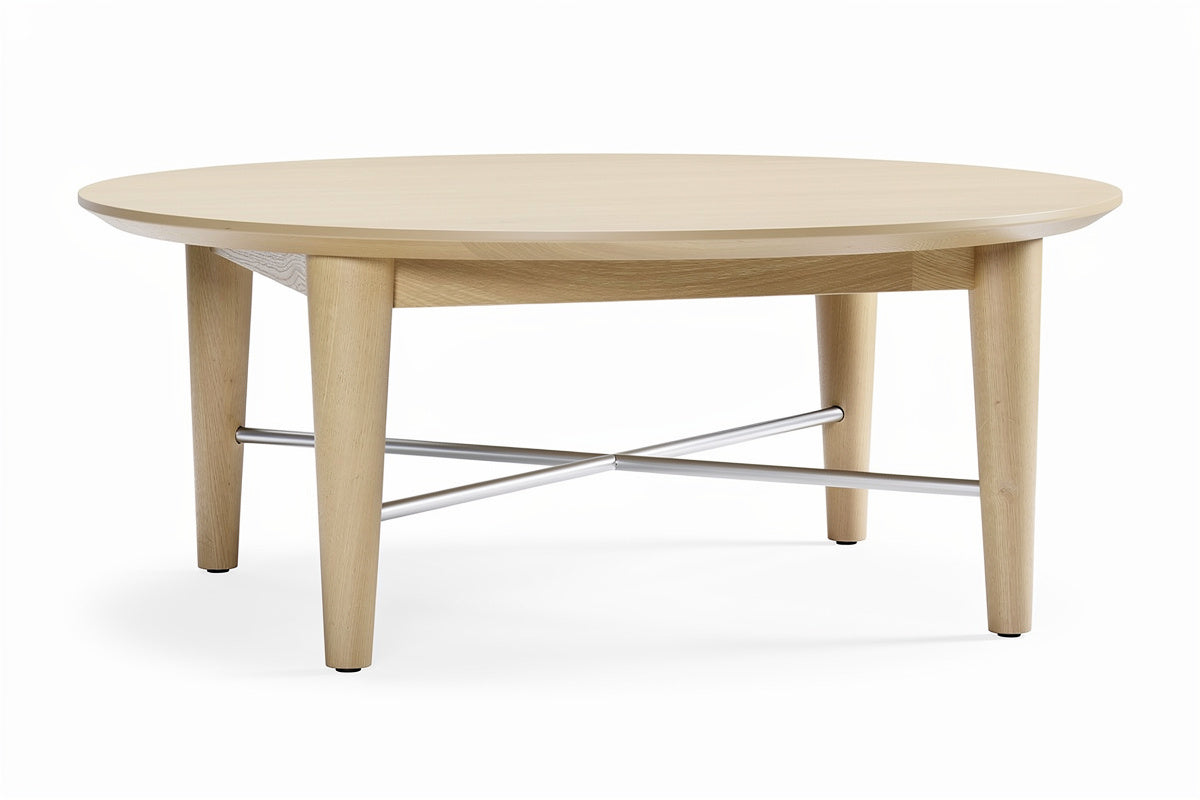 Runder Holztisch mit Metalluntergestell