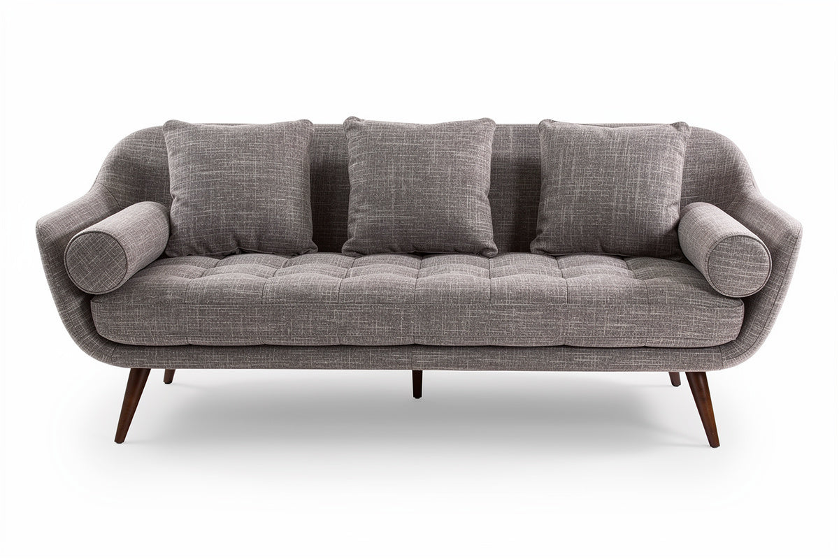 Moderne graue Couch mit Kissen und Holzbeinen