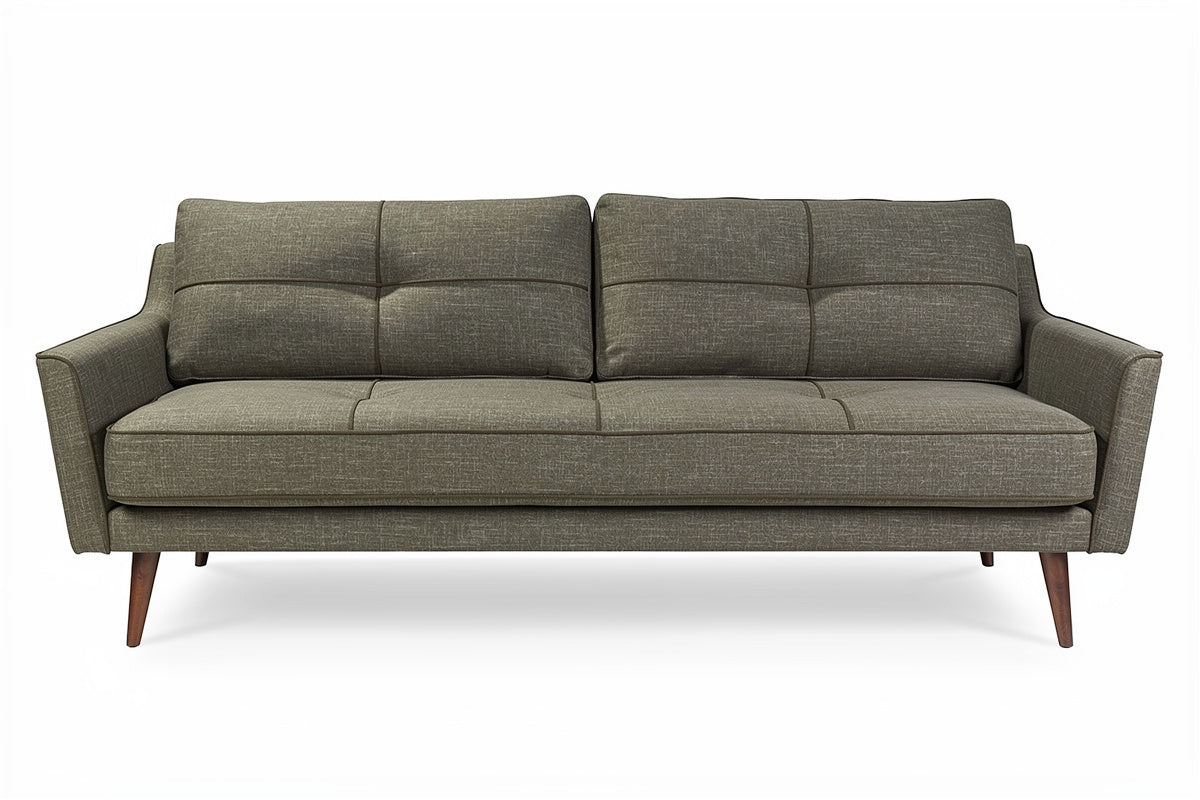 Modernes, graues Sofa mit Holzfüßen und gepolsterten Kissen